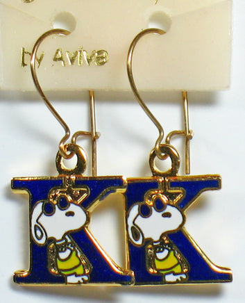 Snoopy Alphabet Cloisonne Latch Back Earrings - Blue "K" - snoopn4pnuts.com