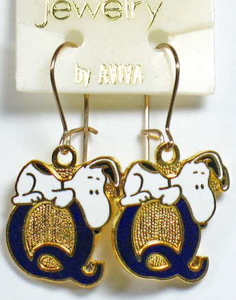 Snoopy Alphabet Cloisonne Latch Back Earrings - Blue "Q" - snoopn4pnuts.com