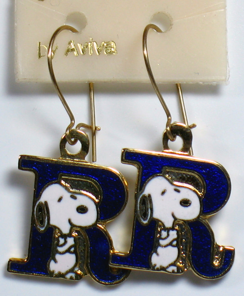 Snoopy Alphabet Cloisonne Latch Back Earrings - Blue "R"