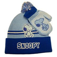 Snoopy Child's Knit Hat and Mittens Set  - Blue
