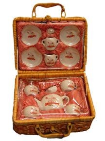 Snoopy Mini Ceramic Tea Set In Lined Wicker Basket