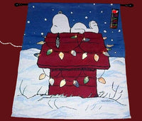 SNOOPY LIGHTED TAPESTRY CHRISTMAS Flag With Wooden Hanging Rod