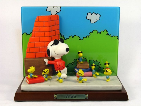 Flambro Porcelain Figurescene On Wood Base - Snoopy Joe Cool and Woodstocks