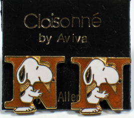 Snoopy Alphabet Cloisonne Post Earrings - Gold "N" - snoopn4pnuts.com