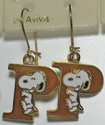 Snoopy Alphabet Cloisonne Latch Back Earrings - Gold "P" - snoopn4pnuts.com