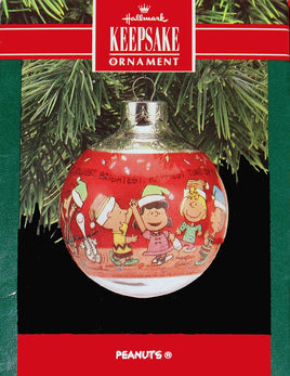 1990 Peanuts Glass Ball Christmas Ornament - The Happiest Time - snoopn4pnuts.com