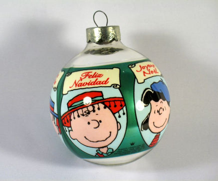 1993 Peanuts Glass Ball Christmas Ornament - "Merry Christmas" In 5 Languages - snoopn4pnuts.com