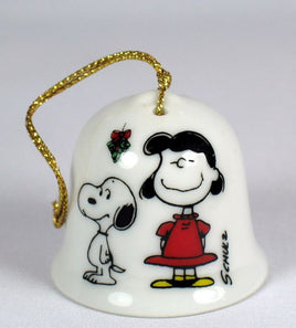 Peanuts Mini Porcelain Christmas Bell Ornament - Lucy And Snoopy Mistletoe