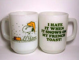 Fire King Vintage Milk Glass Mug: "I hate it when it rains on my French toast " (Superficial Crack)