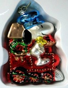 Adler Snoopy On Train Glass Christmas Ornament