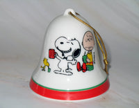 Mid-1970's Peanuts Porcelain Christmas Bell Ornament - Great Root Beer Egg Nog