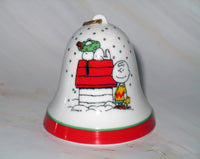 Mid-1970's Peanuts Porcelain Christmas Bell Ornament - Boughs Of Holly