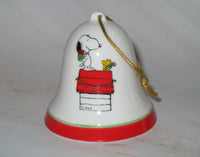 Mid-1970's Peanuts Porcelain Christmas Bell Ornament - Gift Giving