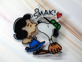 Snoopy Kisses Lucy Faux Stained Glass Ornament (Green Hat) - snoopn4pnuts.com