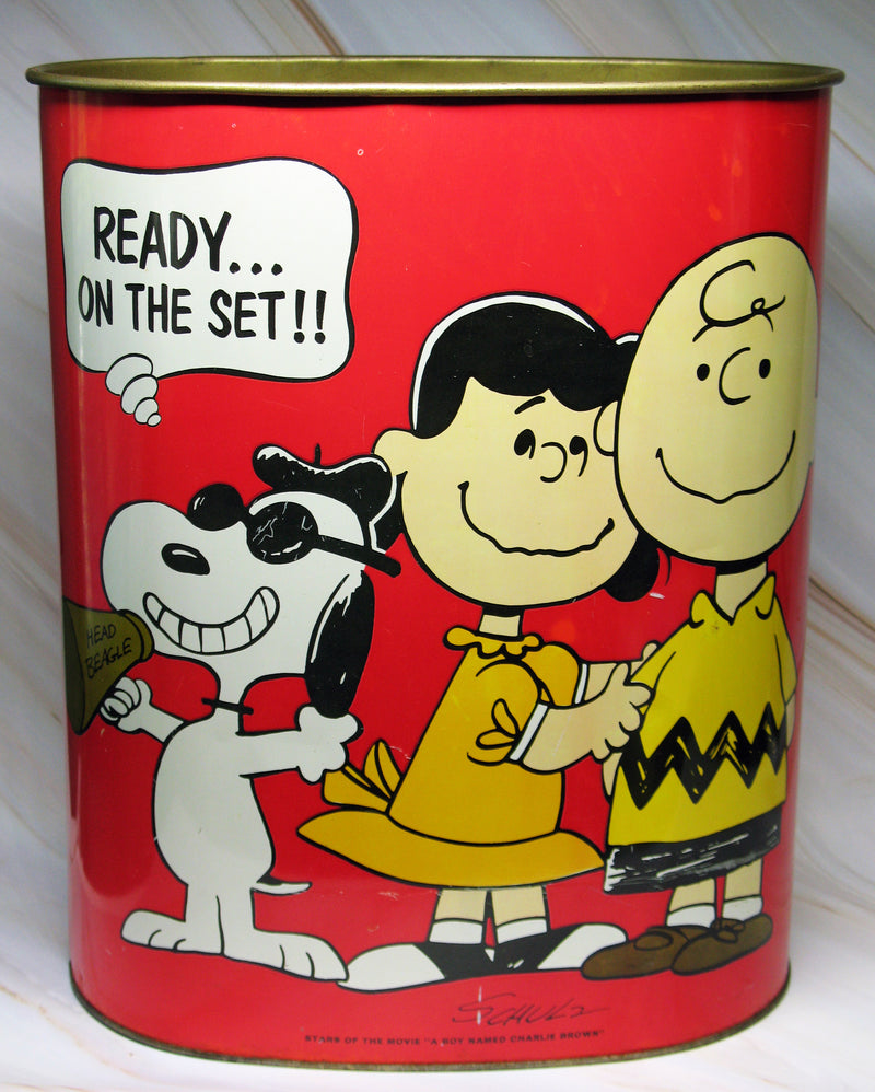 Peanuts Vintage Tin Trash Can - Filming A Movie/Charlie Brown