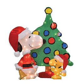 2 - D Soft Lighted Tinsel Yard Art - 3 - Piece Snoopy and Woodstock By Christmas Tree - snoopn4pnuts.com