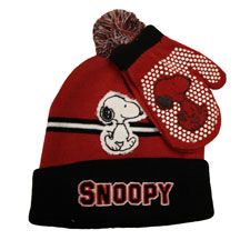 Snoopy Child's Knit Hat And Mittens Set  - Red