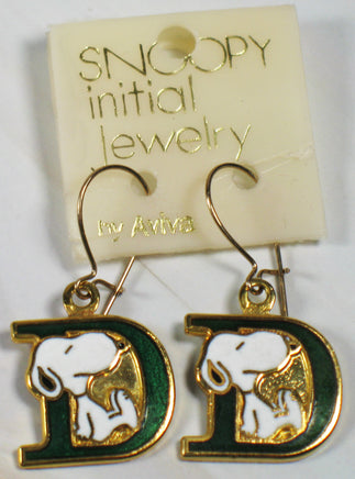 Snoopy Alphabet Cloisonne Latch Back Earrings - Green "D" - snoopn4pnuts.com