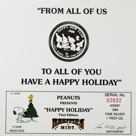 1987 Peanuts Christmas First - Edition Sterling Silver Coin - "Happy Holiday" - snoopn4pnuts.com