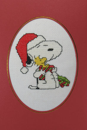 Snoopy Santa Cross - Stitched Blank Card With Acetate Cover (Handmade) - Completed (Ready For Framing) - Small Crease In Acetate/Plastic Cover - snoopn4pnuts.com