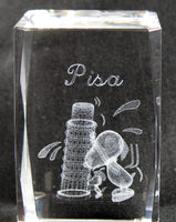 Snoopy Glass Cube With Laser Etched 3-D Image - Leaning Tower of Pisa (Crystal Clear)