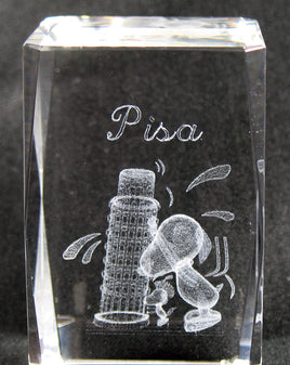 Snoopy Glass Cube With Laser Etched 3 - D Image - Leaning Tower of Pisa (Crystal Clear) - snoopn4pnuts.com