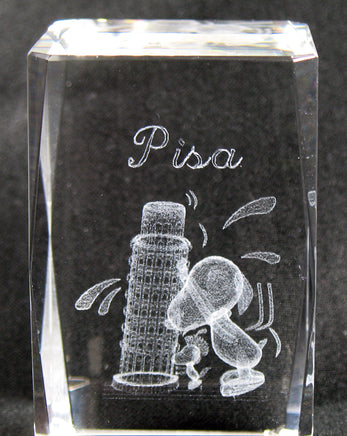 Snoopy Glass Cube With Laser Etched 3 - D Image - Leaning Tower of Pisa (Crystal Clear) - snoopn4pnuts.com