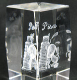 Snoopy Glass Cube With Laser Etched 3-D Image - Leaning Tower of Pisa (Crystal Clear)