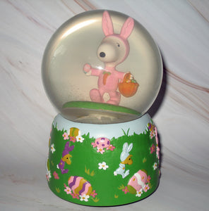 Dept. 56 "Snoopy Easter Bunny" Musical Water Globe (Plays Well But Water Hazy and Inner Base Tilted)