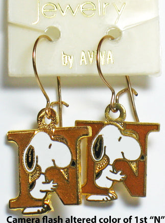 Snoopy Alphabet Cloisonne Latch Back Earrings - Gold "N" - snoopn4pnuts.com