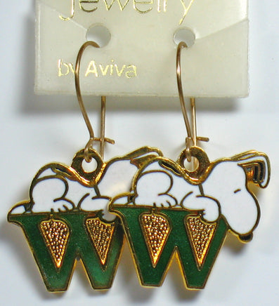 Snoopy Alphabet Cloisonne Latch Back Earrings - Green "W" - snoopn4pnuts.com