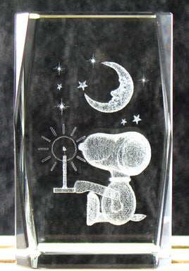 Snoopy Glass Cube With Laser Etched 3 - D Image - Moon and Stars (Crystal Clear) - snoopn4pnuts.com