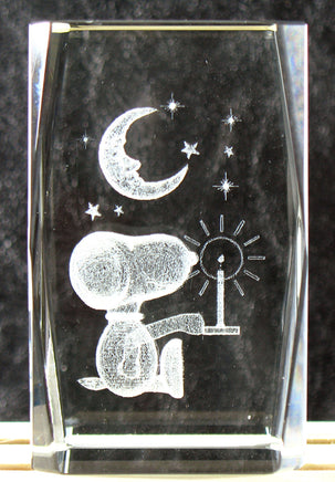Snoopy Glass Cube With Laser Etched 3 - D Image - Moon and Stars (Crystal Clear) - snoopn4pnuts.com