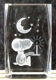 Snoopy Glass Cube With Laser Etched 3-D Image - Moon and Stars (Crystal Clear)