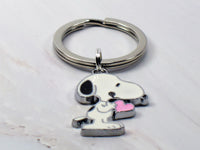 Snoopy Silver Plated Key Chain - Pink Heart (Shiny Silver Ring)