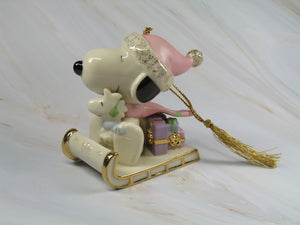 2002 Lenox Snoopy's Sledding Adventure Fine China Christmas Ornament With 24K Gold Accents