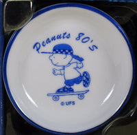Peanuts Mini China Plate With Stand - 1980's Charlie Brown Skateboarding
