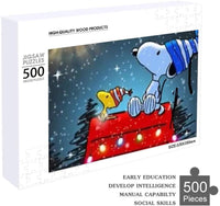 Snoopy and Woodstock On Decorated Doghouse Wood Jigsaw Puzzle - snoopn4pnuts.com