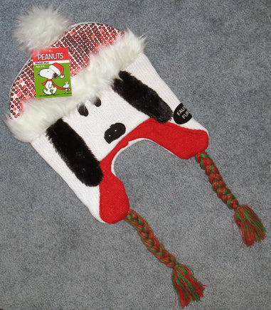Snoopy Santa Knit Hat With Metallic Sequins, Faux Fur, and Glittery Tassels - snoopn4pnuts.com