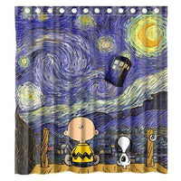 Snoopy Starry Night Fabric Shower Curtain With Free Hanger Hooks (Image Pixilated/Not Sharp Due To Dye Process) - snoopn4pnuts.com