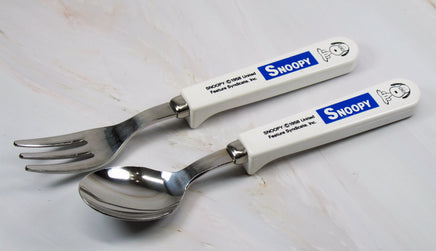 Snoopy Stainless Steel and Melamine Spoon and Fork Set With Sanitary Rests - Child Size - snoopn4pnuts.com