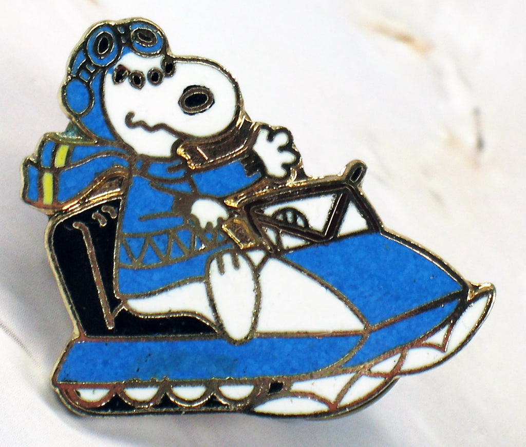 Snoopy Snowmobile Enamel Pin - Blue  RARE!
