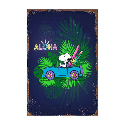 Snoopy Tin Wall Sign With Weathered Look - Aloha (Surfer) (Minor Corner Creases and Small Area Along Side Edge) - snoopn4pnuts.com