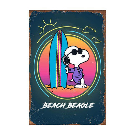 Snoopy Tin Wall Sign With Weathered Look - Beach Beagle (Surfer) (Minor Corner Creases) - snoopn4pnuts.com