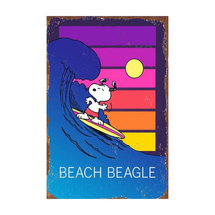 Snoopy Tin Wall Sign With Weathered Look - Beach Beagle (Surfer) (Minor Corner Creases) - snoopn4pnuts.com