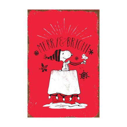 Snoopy Tin Wall Sign With Weathered Look - (Christmas) Merry And Bright (Minor Corner Creases) - snoopn4pnuts.com