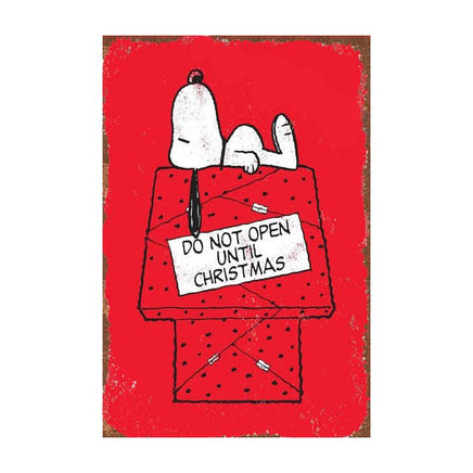 Snoopy Tin Wall Sign With Weathered Look - Do Not Open Until Christmas (Minor Corner Creases) - snoopn4pnuts.com