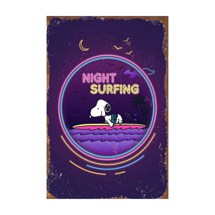 Snoopy Tin Wall Sign With Weathered Look - Night Surfer (Minor Corner Creases) - snoopn4pnuts.com
