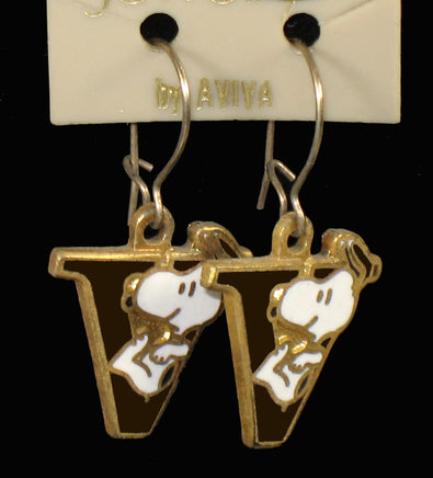Snoopy Alphabet Cloisonne Latch Back Earrings - Brown "V" - snoopn4pnuts.com