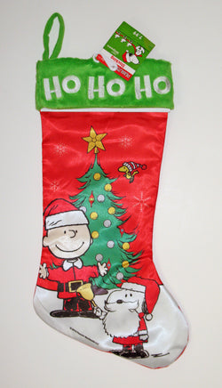 CHARLIE BROWN SATIN CHRISTMAS TREE STOCKING - HO HO HO - snoopn4pnuts.com